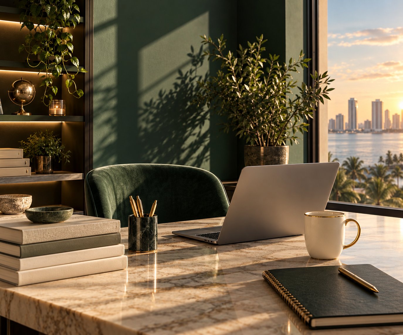 Espacio de trabajo con detalles en verde y dorado